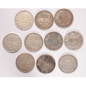 Hungary lot of 10 pcs, Franz Joseph I. 5 korona 1900, 1907, 1908,1909 KB