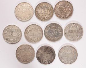 Hungary lot of 10 pcs, Franz Joseph I. 5 korona 1900, 1907, 1908,1909 KB