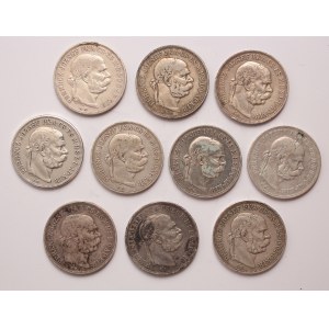 Hungary lot of 10 pcs, Franz Joseph I. 5 korona 1900, 1907, 1908,1909 KB