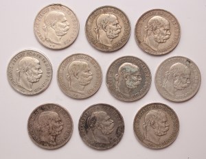 Hungary lot of 10 pcs, Franz Joseph I. 5 korona 1900, 1907, 1908,1909 KB