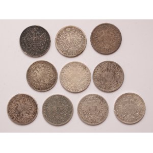 Austria lot of 10 pcs, Franz Joseph I. 1 florin 1858, 1859, 1861, 1875, 1876, 1879, 1886, 1889, 1890, 1891