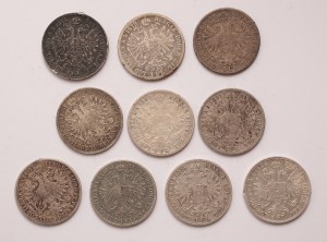 Austria lot of 10 pcs, Franz Joseph I. 1 florin 1858, 1859, 1861, 1875, 1876, 1879, 1886, 1889, 1890, 1891