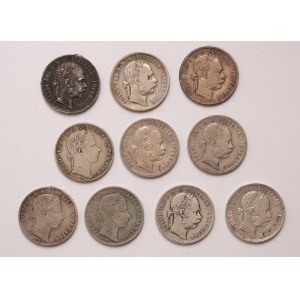 Austria lot of 10 pcs, Franz Joseph I. 1 florin 1858, 1859, 1861, 1875, 1876, 1879, 1886, 1889, 1890, 1891