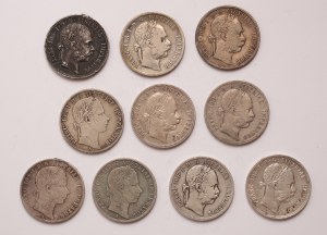 Austria lot of 10 pcs, Franz Joseph I. 1 florin 1858, 1859, 1861, 1875, 1876, 1879, 1886, 1889, 1890, 1891