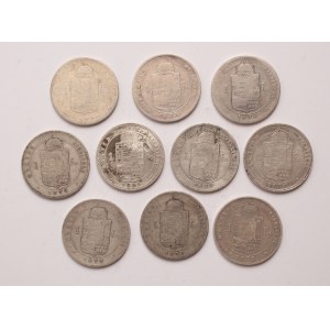Hungary lot of 10 pcs, Franz Joseph I. 1 forint 1876, 1879, 1880, 1881 KB