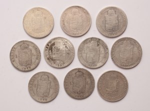 Hungary lot of 10 pcs, Franz Joseph I. 1 forint 1876, 1879, 1880, 1881 KB
