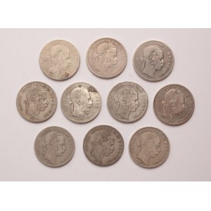 Hungary lot of 10 pcs, Franz Joseph I. 1 forint 1876, 1879, 1880, 1881 KB