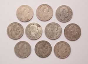 Hungary lot of 10 pcs, Franz Joseph I. 1 forint 1876, 1879, 1880, 1881 KB