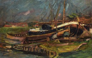 Painter unspecified, 20th century, Fishermen by the boat