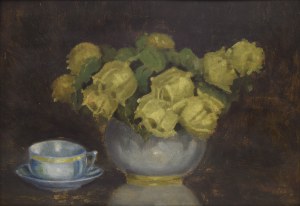 Painter unspecified, Polish, 20th century, Yellow roses and teacup