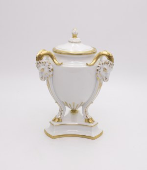 ROSENTHAL AG, Selb, Vase-tube with lid, on three legs with plastic goat's heads
