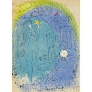 Marc Chagall (1887 Łoźno k. Witebska - 1985 Saint-Paul-de-Vence), Matka z dzieckiem przed Notre-Dame, z cyklu Wizja Paryża, 1952