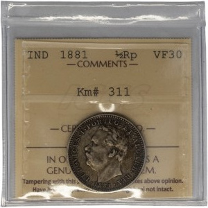 India 1881 Portuguese India Silver 1/2 Rupee
