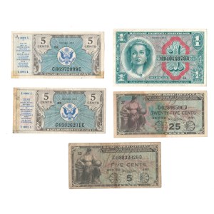 United States Military Money 1946-1951 1 Dollar 25/5/5/5 Cents (5 Pieces) Banknotes