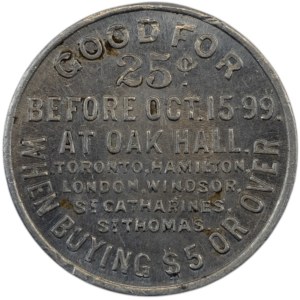 Canada Hamilton Ontario Bon pour 25 Cents Token Oak Hall 464-AC-A