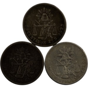 Mexico 1871-80 25 Centavos Coins lot (3 Pieces)