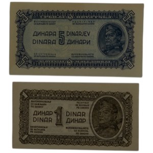 Yugoslavia 1944 5 & 1 Dinara Banknotes (2 Pieces)