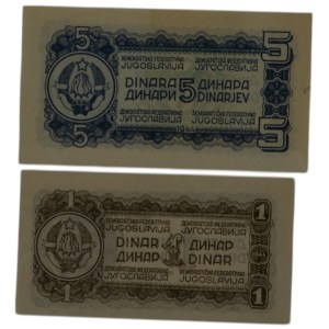 Yugoslavia 1944 5 & 1 Dinara Banknotes (2 Pieces)
