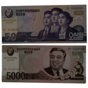 North Korea 2009-10 50 & 5000 Won Banknotes (2 Pieces)