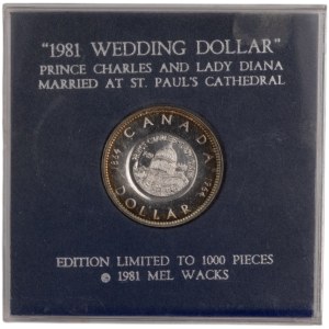 Canada 1964 Dollar en argent avec le contre-timbre du mariage de Dianna et Charles en 1981