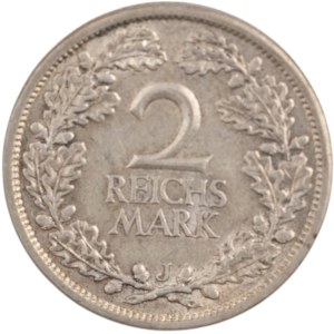 Germania 1927 J Repubblica di Weimar 1927 J Argento 2 Reichsmark Data Chiave
