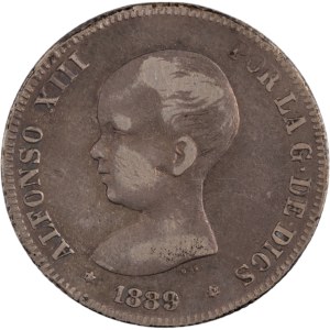 Spain 1889 (18-89 MPM) Silver 2 Pesetas