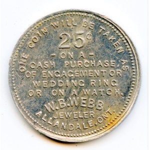 Canada Allandale Simcoe Co. Ontario W.B. Webb Merchant Token 12-A-A