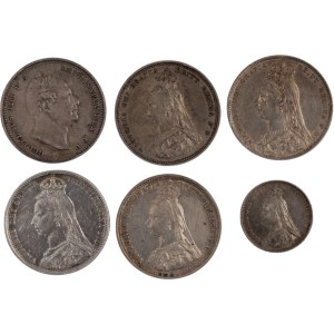 Great Britain 1834-1889 Silver Shillings and 3 Pence (6 Pieces)