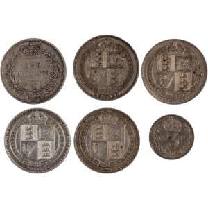 Great Britain 1834-1889 Silver Shillings and 3 Pence (6 Pieces)
