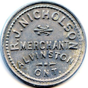 Canada Alvinston Lambton Co. Ontario R.J. Nicholson Merchant Token 24-F-D