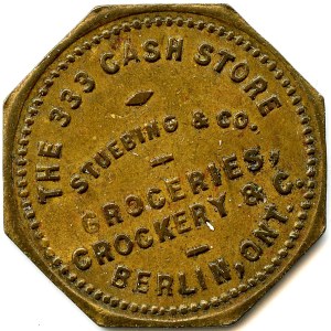 Canada Berlin Waterloo Co. Ontario. Stuebing & Co. Merchant Token 88-K-D