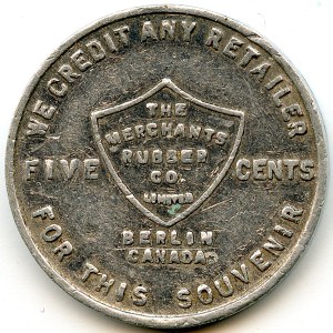 Canada Berlin Waterloo Co. Ontario. Merchant's Rubber. Merchant Token 88-M-E