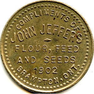 Canada Brampton Peel Co. Ontario. Jeton publicitaire John Jeffers Argent allemand McColl 671
