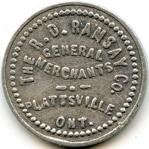 Canada Plattsville Oxford Co. Ontario. R.D. Ramsay Co. Jeton de marchand 805-B-F
