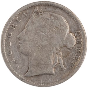 Straits Settlements 1886 Stříbrný 10 centů s nasekanou značkou