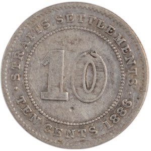 Straits Settlements 1886 Stříbrný 10 centů s nasekanou značkou