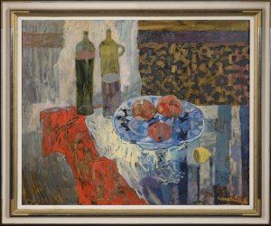 Jan SZANCENBACH (1928-1998), Pomegranates on a blue plate, 1997