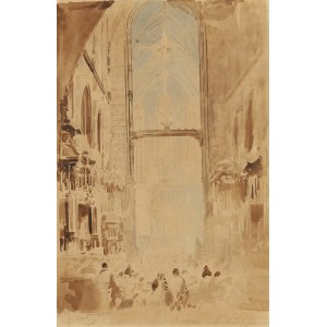 Leon Wyczółkowski (1852 Huta Miastkowska - 1936 Warszawa), Wnętrze kościoła Mariackiego z ołtarzem Wita Stwosza podczas nabożeństwa, 1926