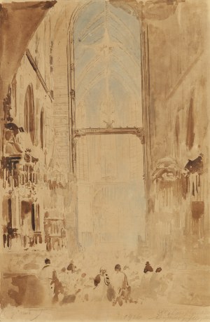 Leon Wyczółkowski (1852 Huta Miastkowska - 1936 Warsaw), Interior of St. Mary's Church with the altar of Wit Stwosz during a service, 1926