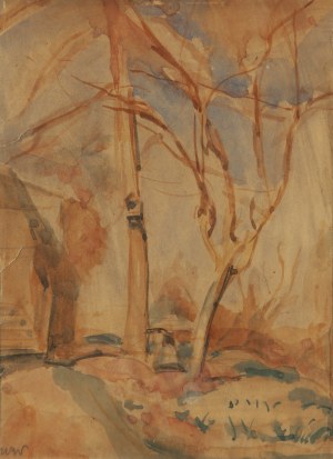 Wojciech Weiss (1875 Leorda, Rumunia - 1950 Kraków), Krajobraz z domem i drzewami