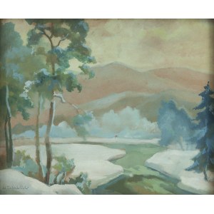 Wacław Żaboklicki (1879 Zakrzew - 1959 Warszawa), Pejzaż zimowy z rzeką i górami