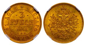 Russian Empire, 3 Roubles, 1873 year, SPB-NI, NGC, UNC DETAILS