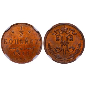 Russian Empire, ½ Kopeck, 1911 year, SPB, NGC, MS 64 BN