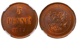 Russian Empire, Finland, 5 Pennia, 1917 year, Civil War Coinage, NGC, MS 64 BN, Top PoP