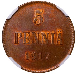 Russian Empire, Finland, 5 Pennia, 1917 year, Civil War Coinage, NGC, MS 64 BN, Top PoP