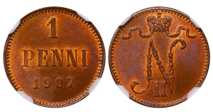 Russian Empire, Finland, 1 Penni, 1907 year, NGC, MS 65 BN, Top PoP