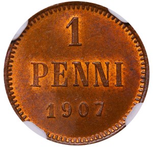Russian Empire, Finland, 1 Penni, 1907 year, NGC, MS 65 BN, Top PoP