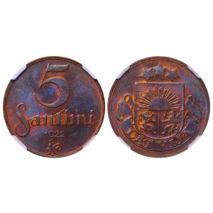 Latvia, 5 Santimi, 1922 year, NGC, MS 63 BN
