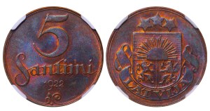 Latvia, 5 Santimi, 1922 year, NGC, MS 63 BN
