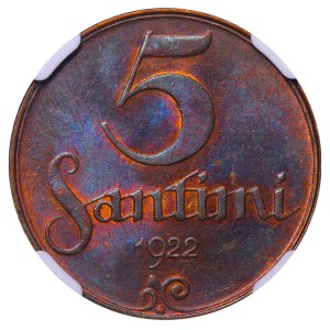 Latvia, 5 Santimi, 1922 year, NGC, MS 63 BN